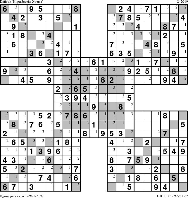 The grouppuzzles.com Difficult HyperSudoku-Xtreme puzzle for Tuesday September 22, 2026 with the first 3 steps marked