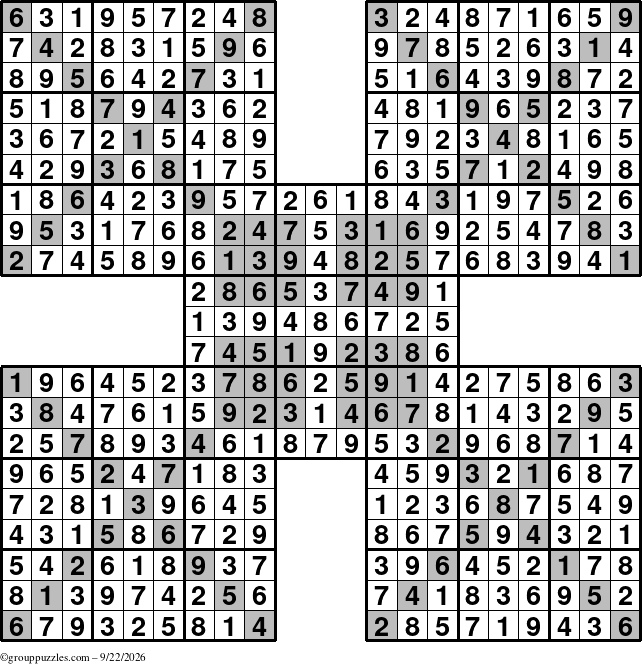 The grouppuzzles.com Answer grid for the HyperSudoku-Xtreme puzzle for Tuesday September 22, 2026