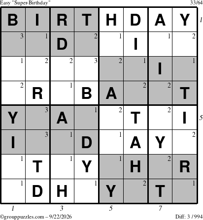 The grouppuzzles.com Easy Super-Birthday puzzle for Tuesday September 22, 2026, suitable for printing, with all 3 steps marked