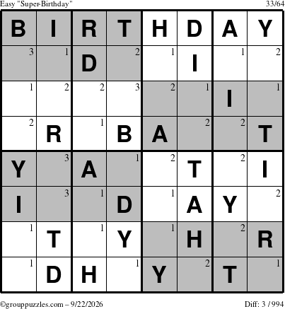The grouppuzzles.com Easy Super-Birthday puzzle for Tuesday September 22, 2026 with the first 3 steps marked