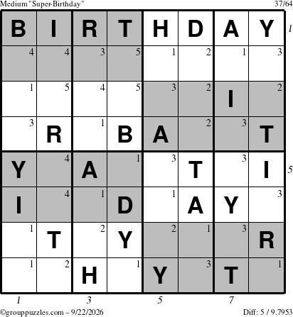 The grouppuzzles.com Medium Super-Birthday puzzle for Tuesday September 22, 2026 with all 5 steps marked