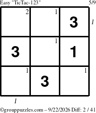 The grouppuzzles.com Easy TicTac-123 puzzle for Tuesday September 22, 2026, suitable for printing, with all 2 steps marked