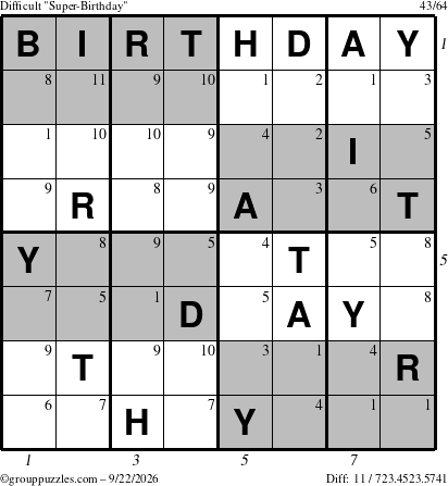 The grouppuzzles.com Difficult Super-Birthday puzzle for Tuesday September 22, 2026 with all 11 steps marked