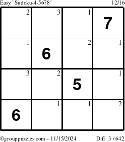 The grouppuzzles.com Easy Sudoku-4-5678 puzzle for Friday November 15, 2024 with the first 3 steps marked