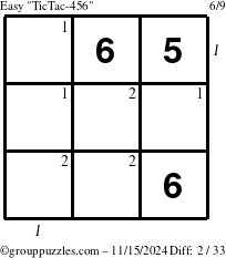 The grouppuzzles.com Easy TicTac-456 puzzle for Friday November 15, 2024 with all 2 steps marked