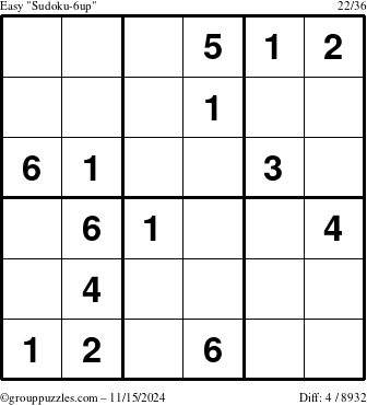 The grouppuzzles.com Easy Sudoku-6up puzzle for Friday November 15, 2024