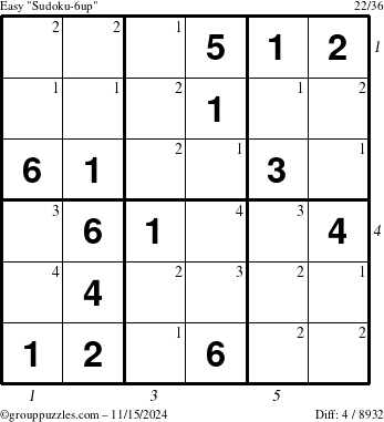 The grouppuzzles.com Easy Sudoku-6up puzzle for Friday November 15, 2024, suitable for printing, with all 4 steps marked