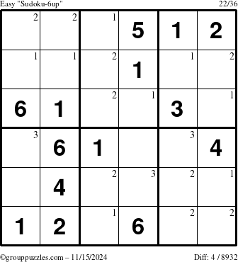 The grouppuzzles.com Easy Sudoku-6up puzzle for Friday November 15, 2024 with the first 3 steps marked