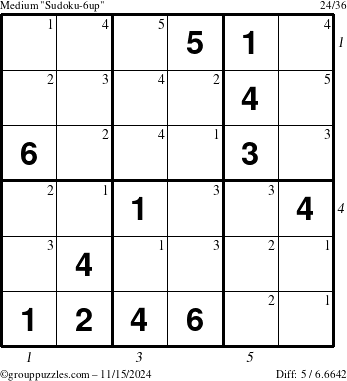 The grouppuzzles.com Medium Sudoku-6up puzzle for Friday November 15, 2024 with all 5 steps marked