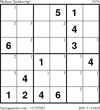 The grouppuzzles.com Medium Sudoku-6up puzzle for Friday November 15, 2024 with the first 3 steps marked