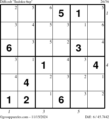 The grouppuzzles.com Difficult Sudoku-6up puzzle for Friday November 15, 2024, suitable for printing, with all 6 steps marked