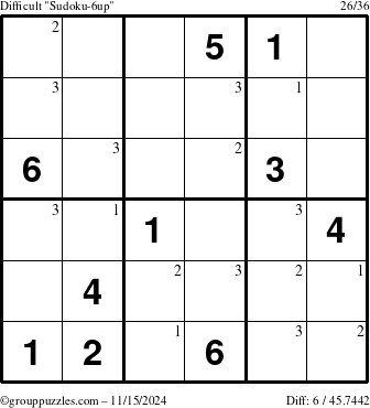 The grouppuzzles.com Difficult Sudoku-6up puzzle for Friday November 15, 2024 with the first 3 steps marked