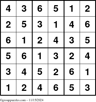 The grouppuzzles.com Answer grid for the Sudoku-6up puzzle for Friday November 15, 2024