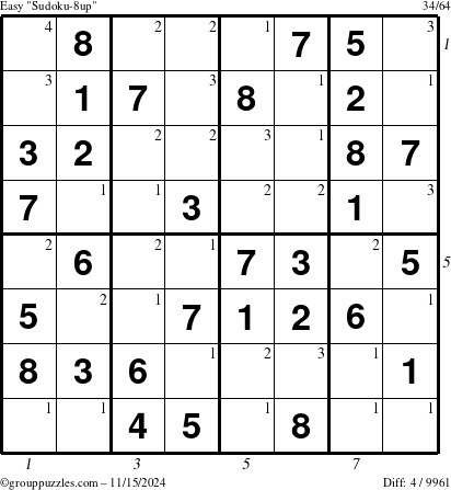 The grouppuzzles.com Easy Sudoku-8up puzzle for Friday November 15, 2024 with all 4 steps marked