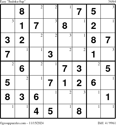 The grouppuzzles.com Easy Sudoku-8up puzzle for Friday November 15, 2024 with the first 3 steps marked