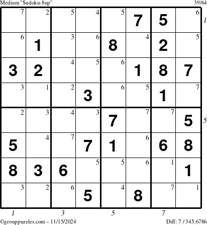 The grouppuzzles.com Medium Sudoku-8up puzzle for Friday November 15, 2024 with all 7 steps marked