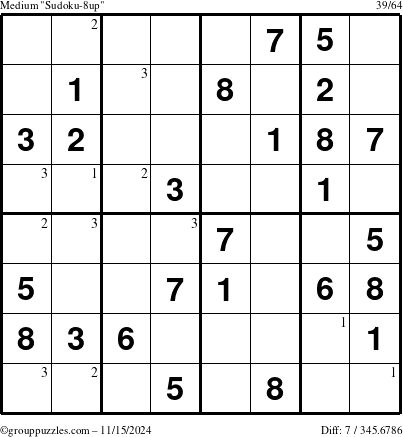 The grouppuzzles.com Medium Sudoku-8up puzzle for Friday November 15, 2024 with the first 3 steps marked