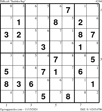 The grouppuzzles.com Difficult Sudoku-8up puzzle for Friday November 15, 2024 with all 8 steps marked