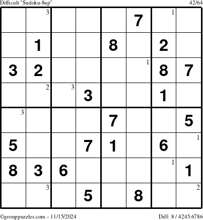 The grouppuzzles.com Difficult Sudoku-8up puzzle for Friday November 15, 2024 with the first 3 steps marked