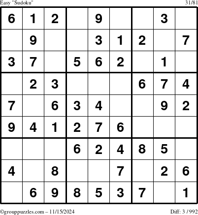 The grouppuzzles.com Easy Sudoku puzzle for Friday November 15, 2024