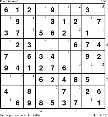 The grouppuzzles.com Easy Sudoku puzzle for Friday November 15, 2024 with all 3 steps marked