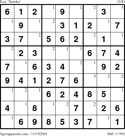 The grouppuzzles.com Easy Sudoku puzzle for Friday November 15, 2024 with the first 3 steps marked