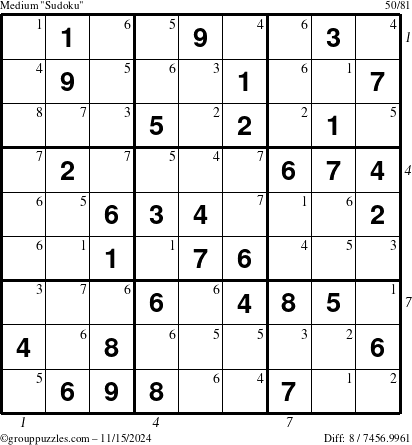 The grouppuzzles.com Medium Sudoku puzzle for Friday November 15, 2024, suitable for printing, with all 8 steps marked