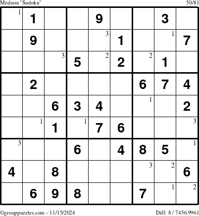 The grouppuzzles.com Medium Sudoku puzzle for Friday November 15, 2024 with the first 3 steps marked