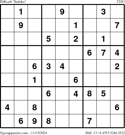 The grouppuzzles.com Difficult Sudoku puzzle for Friday November 15, 2024