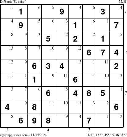 The grouppuzzles.com Difficult Sudoku puzzle for Friday November 15, 2024 with all 13 steps marked