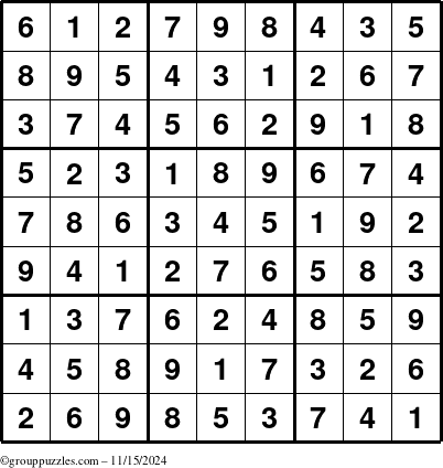 The grouppuzzles.com Answer grid for the Sudoku puzzle for Friday November 15, 2024