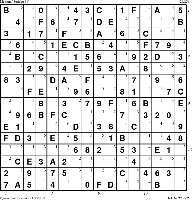 The grouppuzzles.com Medium Sudoku-16 puzzle for Friday November 15, 2024, suitable for printing, with all 6 steps marked