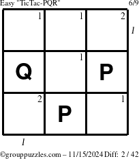 The grouppuzzles.com Easy TicTac-PQR puzzle for Friday November 15, 2024, suitable for printing, with all 2 steps marked