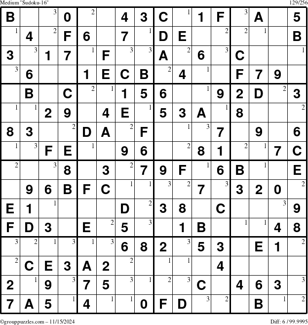 The grouppuzzles.com Medium Sudoku-16 puzzle for Friday November 15, 2024 with the first 3 steps marked