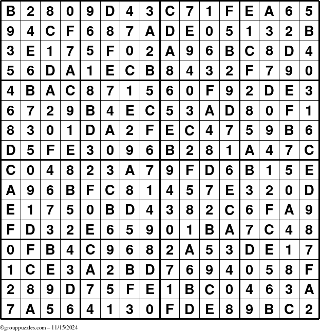 The grouppuzzles.com Answer grid for the Sudoku-16 puzzle for Friday November 15, 2024