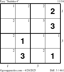 The grouppuzzles.com Easy Sudoku-4 puzzle for Sunday April 20, 2025, suitable for printing, with all 3 steps marked