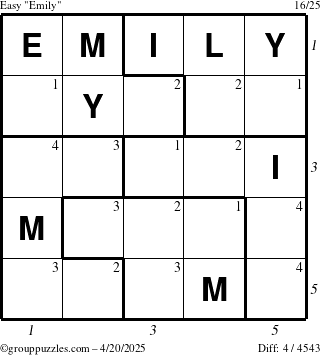 The grouppuzzles.com Easy Emily puzzle for Sunday April 20, 2025, suitable for printing, with all 4 steps marked