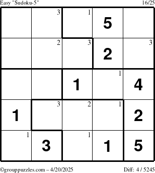 The grouppuzzles.com Easy Sudoku-5 puzzle for Sunday April 20, 2025 with the first 3 steps marked