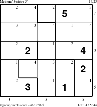 The grouppuzzles.com Medium Sudoku-5 puzzle for Sunday April 20, 2025 with all 4 steps marked