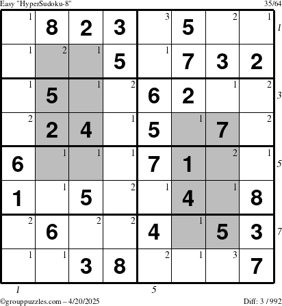 The grouppuzzles.com Easy HyperSudoku-8 puzzle for Sunday April 20, 2025, suitable for printing, with all 3 steps marked