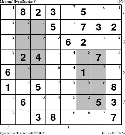 The grouppuzzles.com Medium HyperSudoku-8 puzzle for Sunday April 20, 2025 with all 7 steps marked