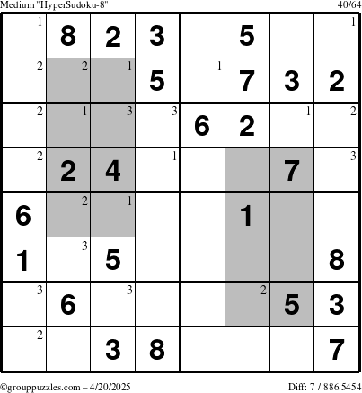 The grouppuzzles.com Medium HyperSudoku-8 puzzle for Sunday April 20, 2025 with the first 3 steps marked