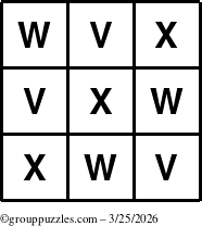 The grouppuzzles.com Answer grid for the TicTac-VWX puzzle for Wednesday March 25, 2026