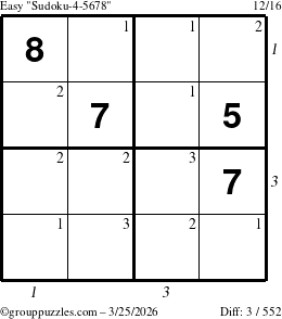 The grouppuzzles.com Easy Sudoku-4-5678 puzzle for Wednesday March 25, 2026 with all 3 steps marked