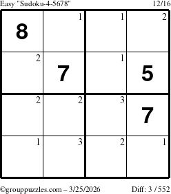 The grouppuzzles.com Easy Sudoku-4-5678 puzzle for Wednesday March 25, 2026 with the first 3 steps marked