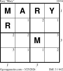 The grouppuzzles.com Easy Mary puzzle for Wednesday March 25, 2026 with all 3 steps marked