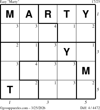 The grouppuzzles.com Easy Marty puzzle for Wednesday March 25, 2026, suitable for printing, with all 4 steps marked