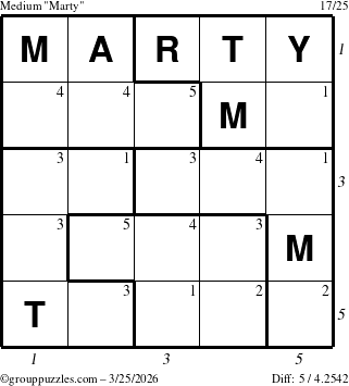 The grouppuzzles.com Medium Marty puzzle for Wednesday March 25, 2026, suitable for printing, with all 5 steps marked