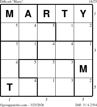 The grouppuzzles.com Difficult Marty puzzle for Wednesday March 25, 2026, suitable for printing, with all 5 steps marked
