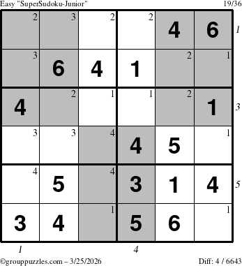 The grouppuzzles.com Easy SuperSudoku-Junior puzzle for Wednesday March 25, 2026 with all 4 steps marked
